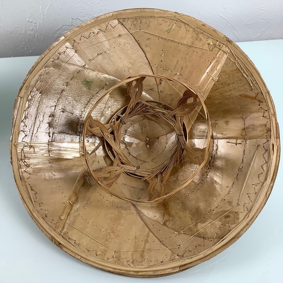 VTG Asian Wicker Bamboo Hat hand painted Gardening Beach Field Handmade SZ OSFM - Picture 10 of 12